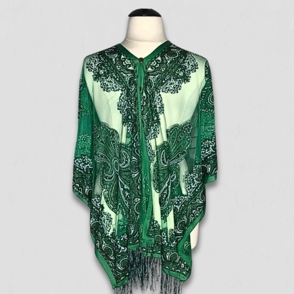 Vintage Y2K Sheer Lace Poncho Bohemian Floral Fringe Green - Picture 2 of 11